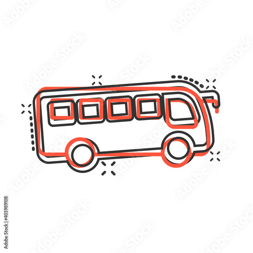 Bus icon in comic style. Coach cartoon vector illustration on white isolated background. Autobus vehicle splash effect business concept.