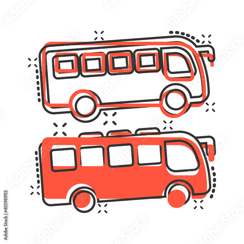 Bus icon in comic style. Coach cartoon vector illustration on white isolated background. Autobus vehicle splash effect business concept.