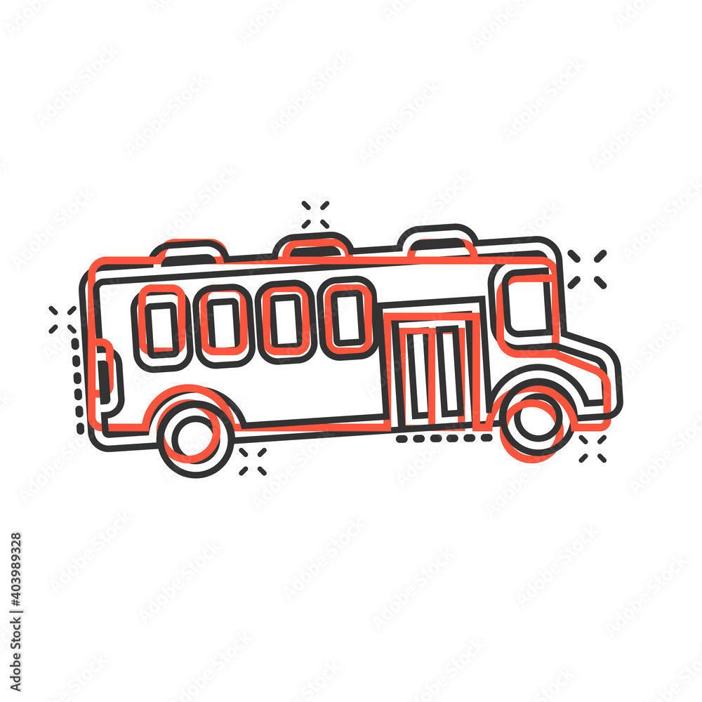 Fototapeta premium Bus icon in comic style. Coach cartoon vector illustration on white isolated background. Autobus vehicle splash effect business concept.