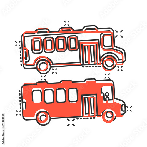 Bus icon in comic style. Coach cartoon vector illustration on white isolated background. Autobus vehicle splash effect business concept.