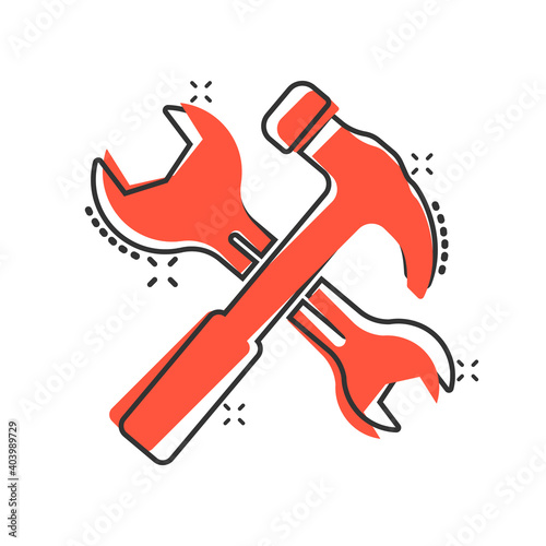 Wrench and screwdriver icon in comic style. Spanner key cartoon vector illustration on white isolated background. Repair equipment splash effect business concept.