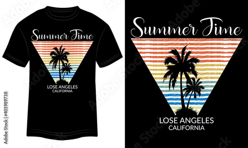 Summertime vintage tropical graphic vector illustration California Oceanside stylish and Los Angeles t-shirt vector design. Summer vector illustration, American design for beachgoers, Palm tree 