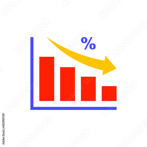 Flat Design Style Tax percentage revenue decrease icon. decrease profit investment, chart of degenerate financial marketing target. reduction data Vector illustration design on white background EPS 10