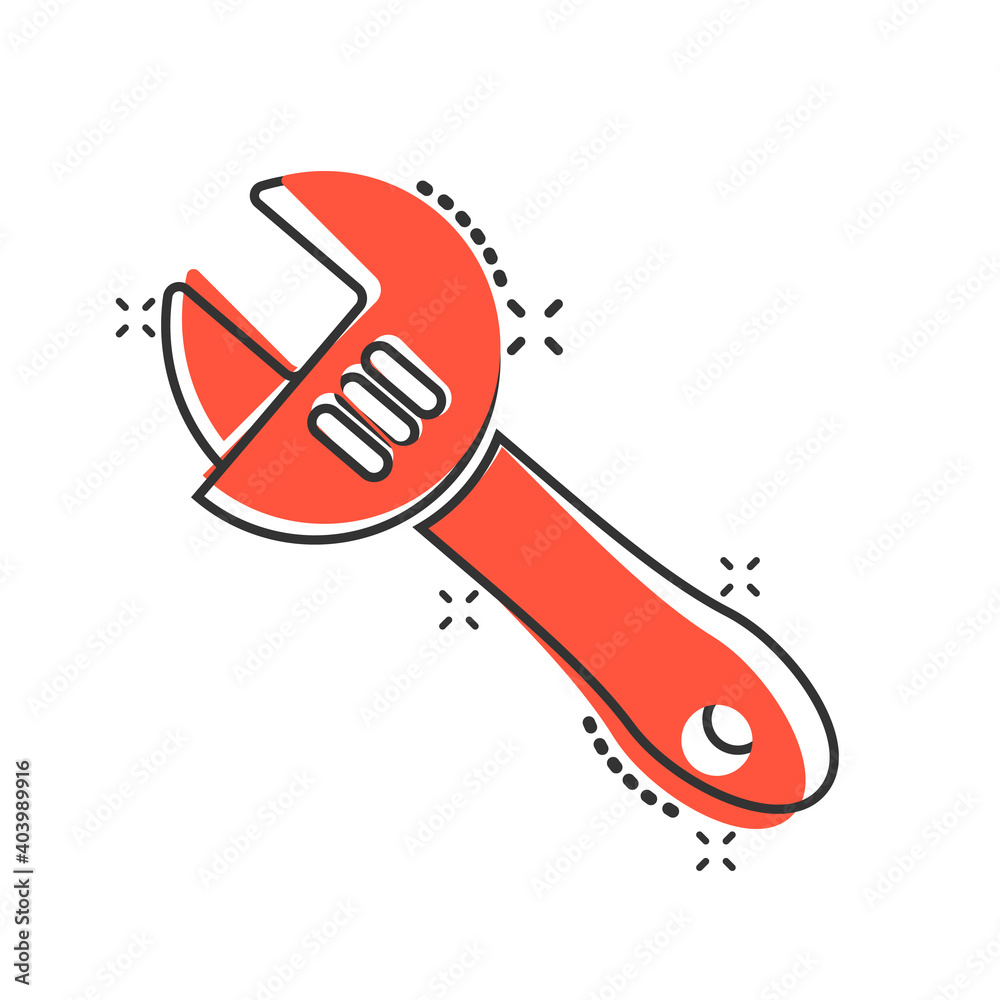 Wrench icon in comic style. Spanner key cartoon vector illustration on white isolated background. Repair equipment splash effect business concept. Wrench icon in comic style. Spanner key cartoon vector illustration on white isolated background. Repair equipment splash effect business concept.