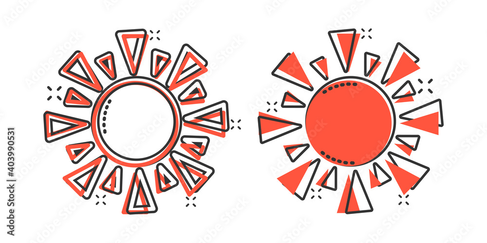 Sun icon in comic style. Sunlight cartoon sign vector illustration on white isolated background. Daylight splash effect business concept. Sun icon in comic style. Sunlight cartoon sign vector illustration on white isolated background. Daylight splash effect business concept.