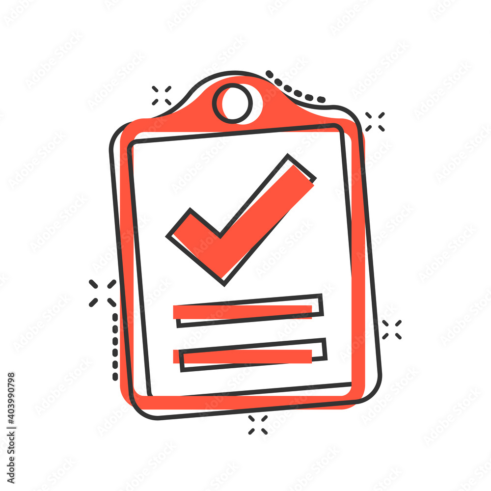 Document checklist icon in comic style. Report cartoon vector illustration on white isolated background. Paper sheet splash effect business concept. Document checklist icon in comic style. Report cartoon vector illustration on white isolated background. Paper sheet splash effect business concept.
