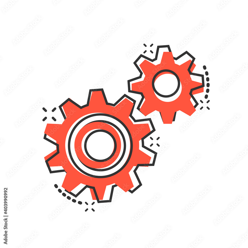 Gear vector icon in comic style. Cog wheel cartoon illustration on white isolated background. Gearwheel cogwheel splash effect business concept. Gear vector icon in comic style. Cog wheel cartoon illustration on white isolated background. Gearwheel cogwheel splash effect business concept.