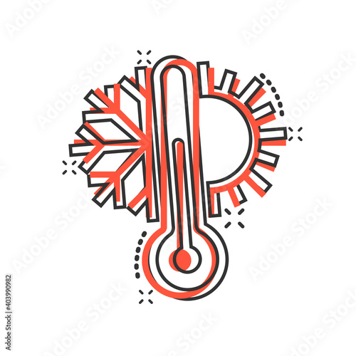 Thermometer climate control icon in comic style. Meteorology balance cartoon vector illustration on white isolated background. Hot, cold temperature splash effect business concept.