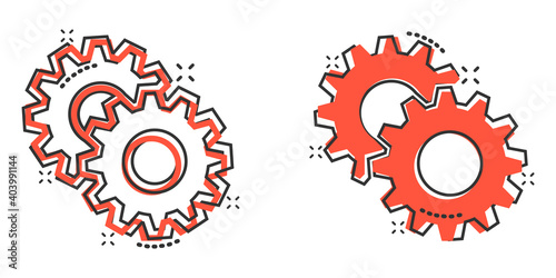 Gear vector icon in comic style. Cog wheel cartoon illustration on white isolated background. Gearwheel cogwheel splash effect business concept.