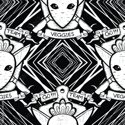 Root Vegetable and Knife Coat of Arms Vector Seamless Pattern Design
