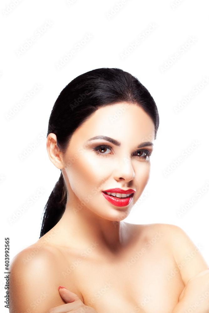 Bautiful portrait of modern woman with perfect skin, bright red lips make-up, clean skin, isolated, white backgrund Bautiful portrait of modern woman with perfect skin, bright red lips make-up, clean skin, isolated, white backgrund