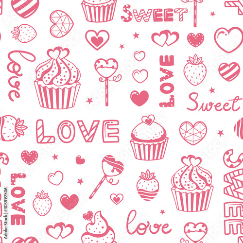 Seamless repeated surface vector pattern design with red outlines of cupcakes  heart shaped lollipops  strawberries and romantic text suitable for Valentine s day