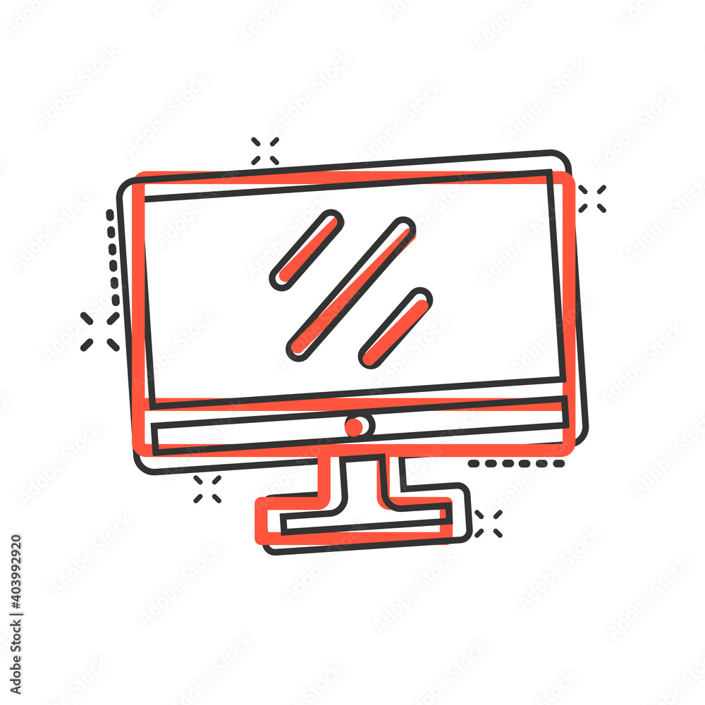 Computer monitor icon in comic style. Tv display cartoon vector illustration on isolated background. Monitor pictogram splash effect business concept. Computer monitor icon in comic style. Tv display cartoon vector illustration on isolated background. Monitor pictogram splash effect business concept.