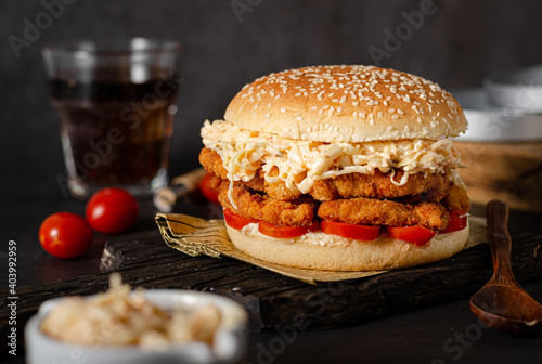 Homemade burger with chicken schnitzel photo