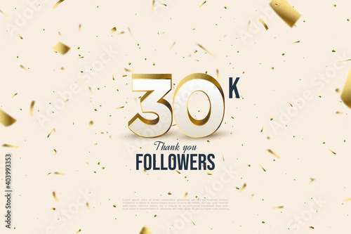 30k followers background with falling gold paper illustrations.