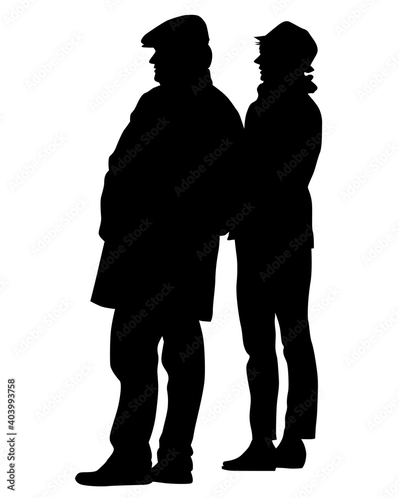 Young man and woman walking at street. Isolated silhouette on a white background