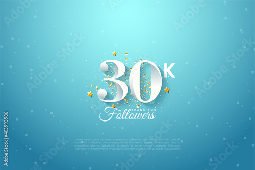 30k followers background with illustration of numbers over blue sky.