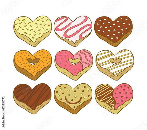 Big Set of Vector illustration of Heart Shaped Donuts collection with colorful and attractive toppings, chocolate, sweet and delicious food