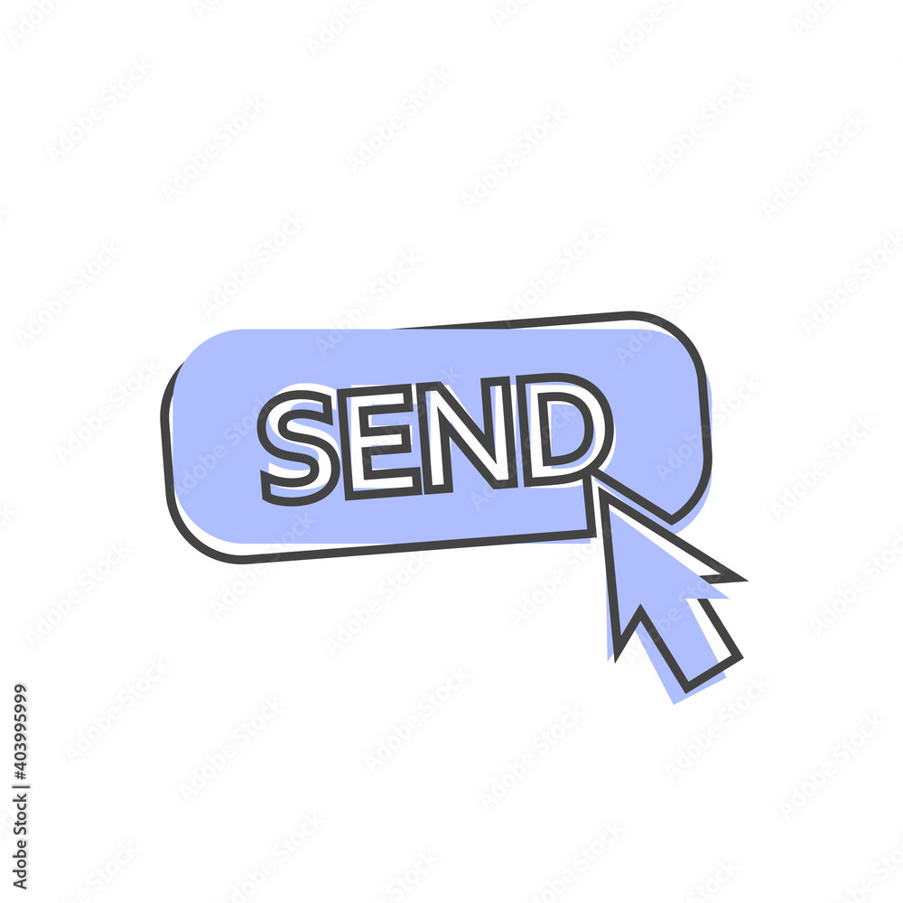 Button send with cursor icon on cartoon style on white isolated background. Button send with cursor icon on cartoon style on white isolated background.