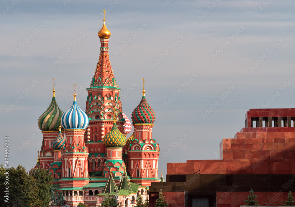 St. Basil's Cathedral and Lenin Mausoleum on red square. Medieval Russian brick architecture of the XVI century, beautiful decor, UNESCO monument