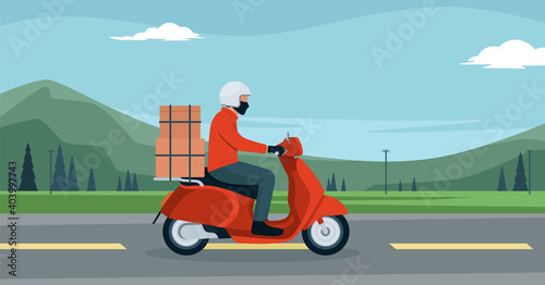 Delivery Service, Man Courier Riding Scooter Or Motorcycle With Parcel Over landscape view Flat Vector Illustration
