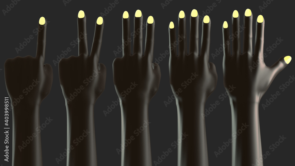 Fototapeta premium Black Hand sign finger show number, isolated on background. 3D-rendering. Set of number One Two Three Four Five fingers. 