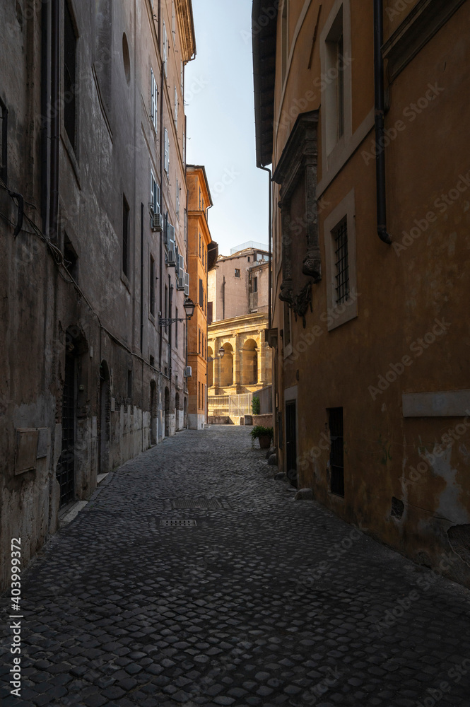 Jewish quarter, the ghetto, a glimpse of the beautiful buildings, the alleys that are behind the octavia portico and near the Theater of Marcellus and the Jewish Synagogue, Rome Lungotevere Italy.