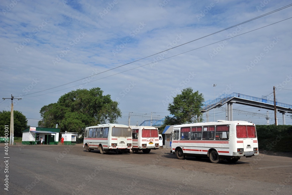 Bus station near the railway in the city of Yurga, Kemerovo region