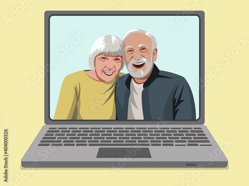 communicating with elderly parents using screen computer and videocall application-Distant virtual communication modern technology usage concept- pc screen smiling senior couple
