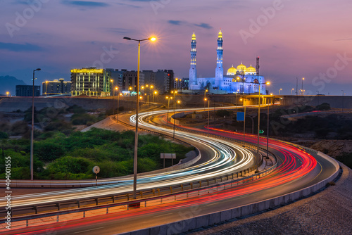 Light trail view of Al Ameen Mosque  Muscat  Sultanate of Oman.