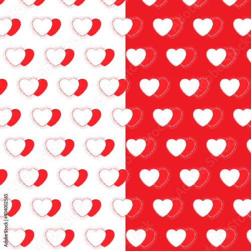 Pattern with white and red hearts on a red and white background. For festive postcards design, packages, wallpapers, decorations, stickers and prints.