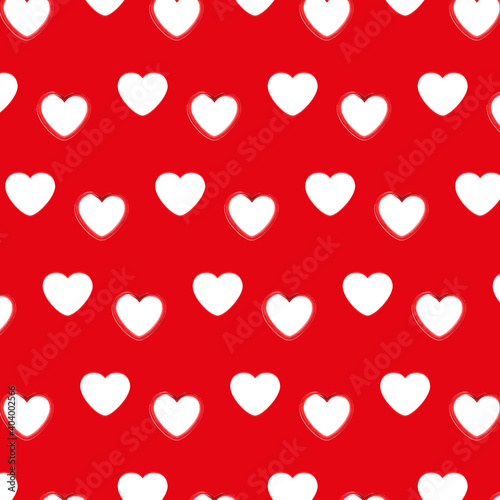 Pattern of white hearts on a red background. For festive postcards design, packages, wallpapers, decorations, stickers and prints.