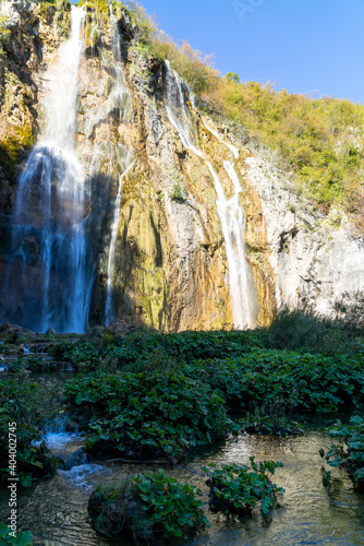 Exotic waterfall and lake landscape of Plitvice Lakes National Park  UNESCO natural world heritage and famous travel destination of Croatia