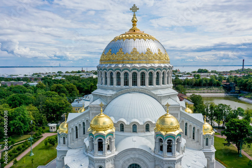 Panoramic aerial view of the largest of the naval cathedrals in Kronstadt, built in the Russian Empire