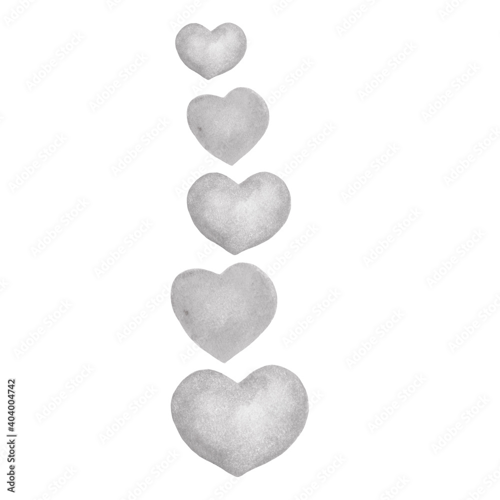 Black and white, grey hearts, valentines hearts watercolor illustration, isolated on white background for design, prints, template, décor, textile, card. Hand painted