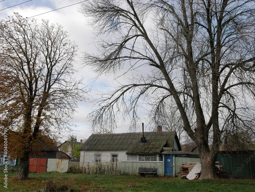 Lonely old one-story house in autumn on a city street, trees around, gray sky, space for text Lonely old one-story house in autumn on a city street, trees around, gray sky, space for text