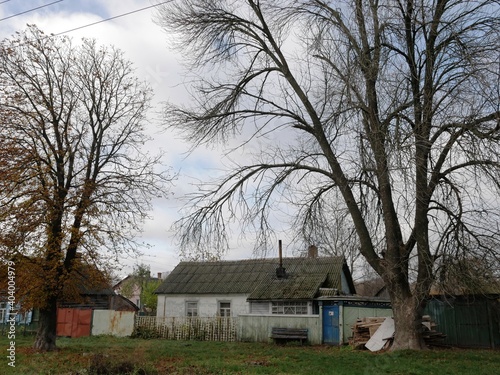 Lonely old one-story house in autumn on a city street, trees around, gray sky, space for text © Natalia