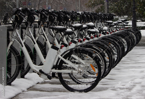 e-bikes parked in winter