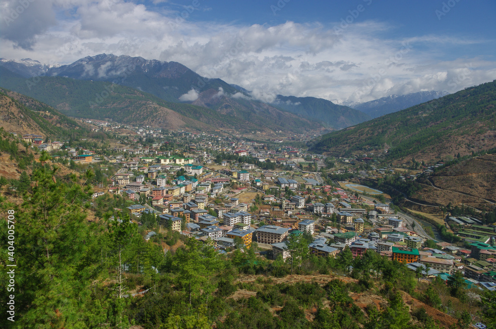 Landscape view of Thimphu the capital of Bhutan surrounded by mountains and forest