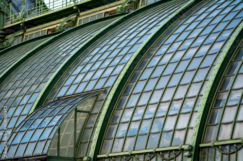 Close up of the steel structure of the "Butterfly House" in the Burggarten Park, as part of the Hofburg Palace Complex in Vienne. The Butterfly House is a historic large greenhouse.