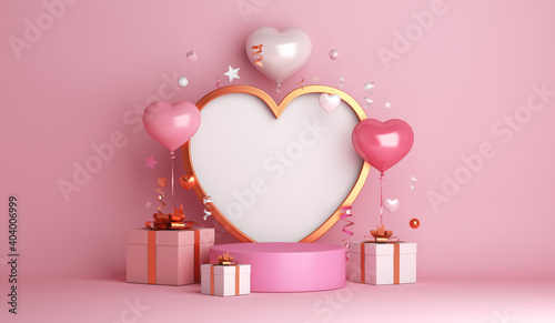 Happy valentines day podium decoration with heart shape balloon, gift box, confetti, 3D rendering illustration photo