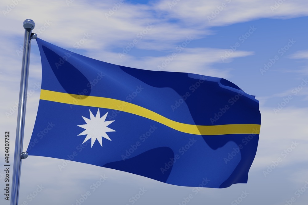 3D illustration of Waving flag of Nauru with chrome flag pole in blue ...