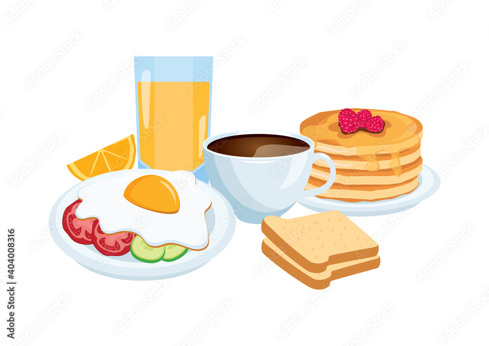 Breakfast still life with coffee, egg, pancakes, bread and orange juice  vector. Rich and varied breakfast icon vector. Breakfast food icon set  isolated on a white background vector illustration Stock Vector |