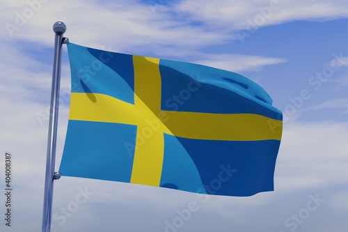 3D illustration of Waving flag of Sweden with chrome flag pole in blue sky waving in the wind. High resolution flag with clarity.