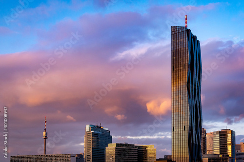 Photography View of Danube City Vienna with DC-Tower and other residential and business skyscrapers, seen from the bridge over Danube river