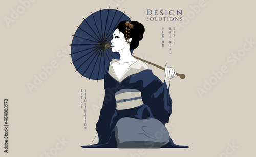 Young girl in oriental style. Vector illustration, solid colors, vintage style.