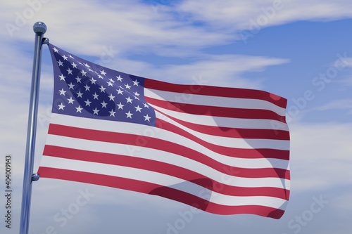 3D illustration of Waving flag of United States Minor Outlying Islands with chrome flag pole in blue sky waving in the wind. High resolution flag with clarity.