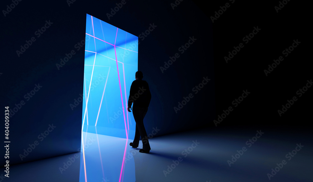 Obraz premium Person go to the illuminated color neon tunnel with blue lights
