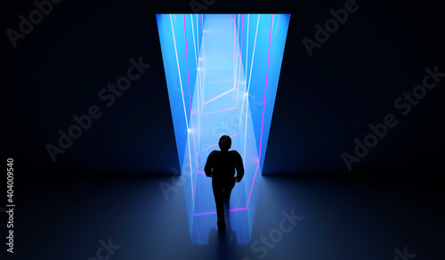 Fototapeta Naklejka Na Ścianę i Meble -  View of Person go to the illuminated color neon tunnel with blue lights