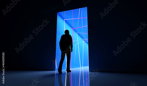 Fototapeta Naklejka Na Ścianę i Meble -  Perspective view of Person go to the illuminated color neon tunnel with blue lights